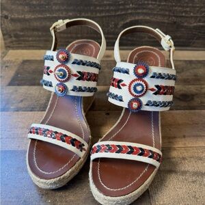 TORY BURCH HUARACHE WEDGE SANDALS IVORY/NAVY/INDIAN RED/NEPTUNE size 7